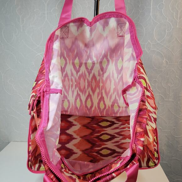Chico's Tote Fold-Up Bag Large Pink Ikat Print Packable Zipper Double Strap NEW - Picture 4 of 12